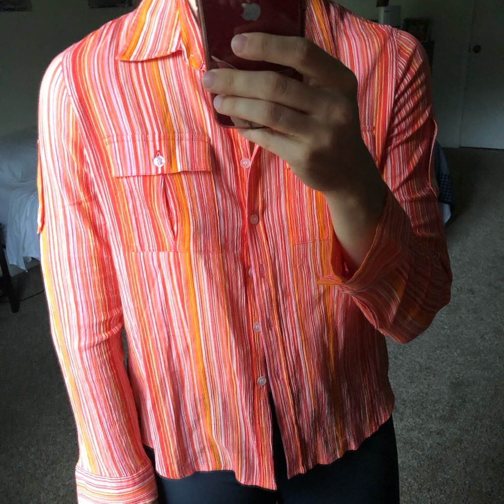 Pink and orange striped button down long sleeve